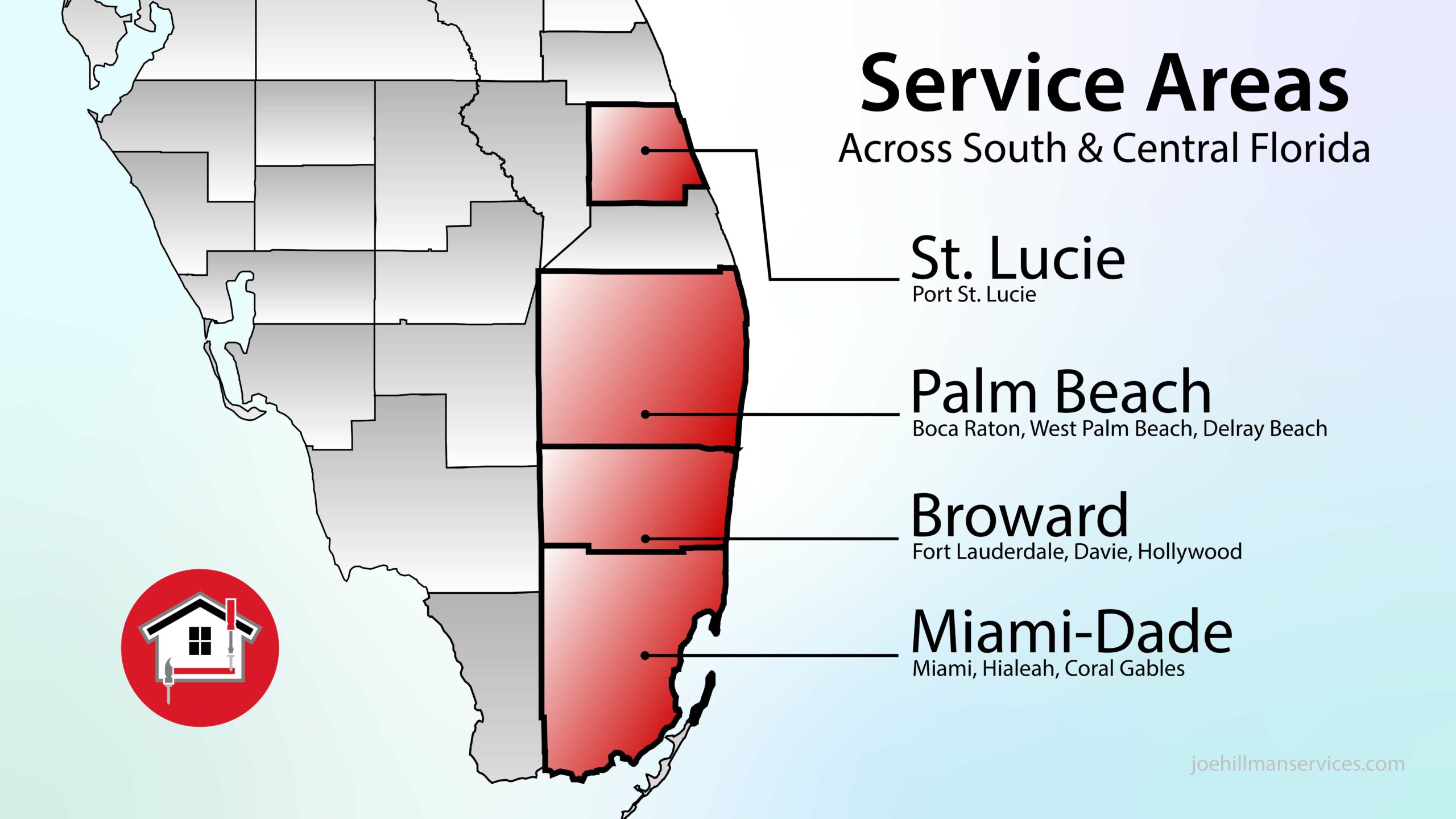 Map if south and central Florida service areas for Joe Hillman Maintenance & Construction