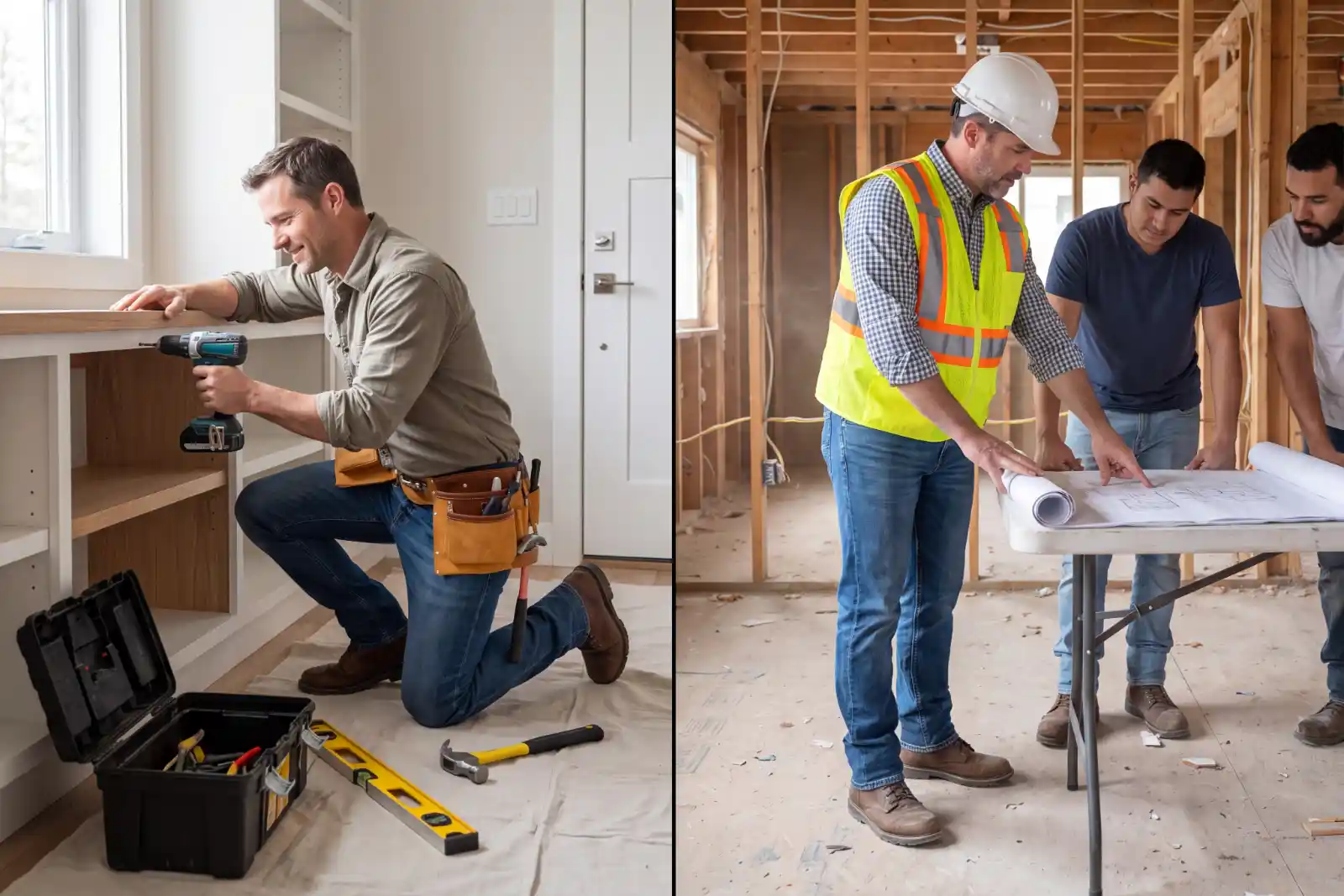 A photorealistic split-scene showing the difference between a handyman and a general contractor.