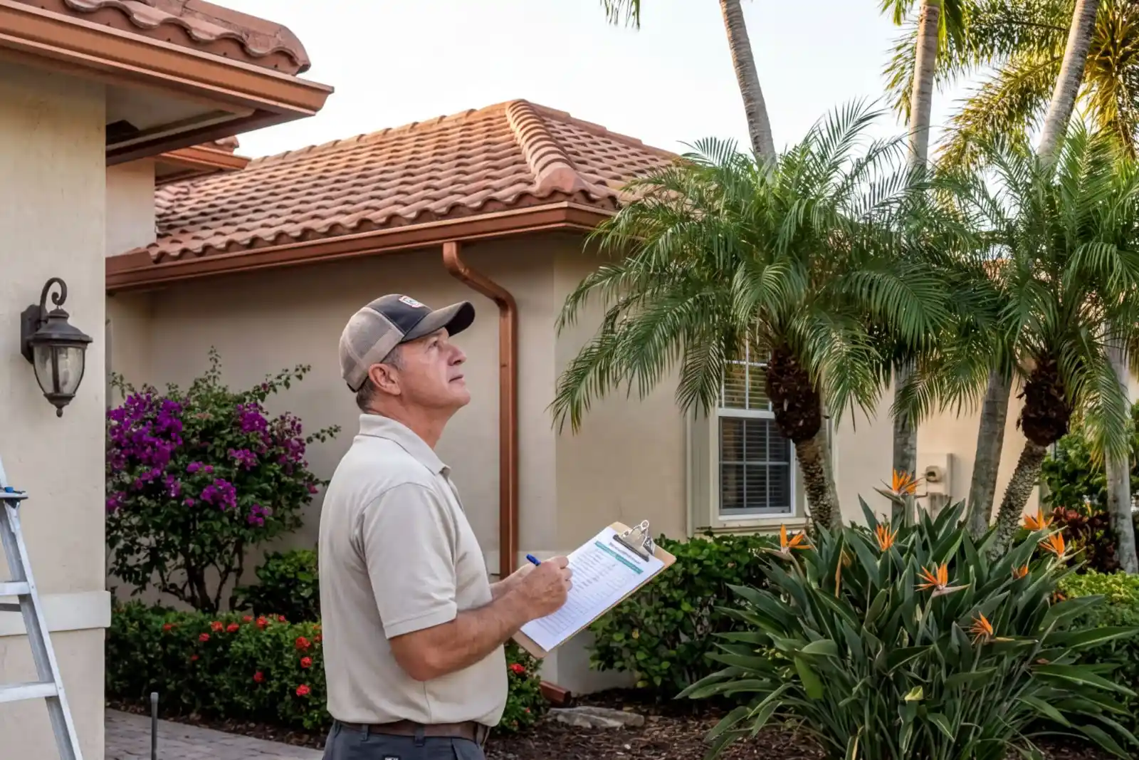 A homeowner standing outside a well-maintained South Florida home with a maintenance checklist while inspecting the roof and gutters