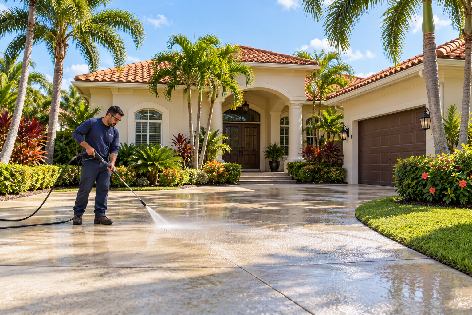 Professional pressure washing a concrete driveway outside a Florida stucco home with palm trees.